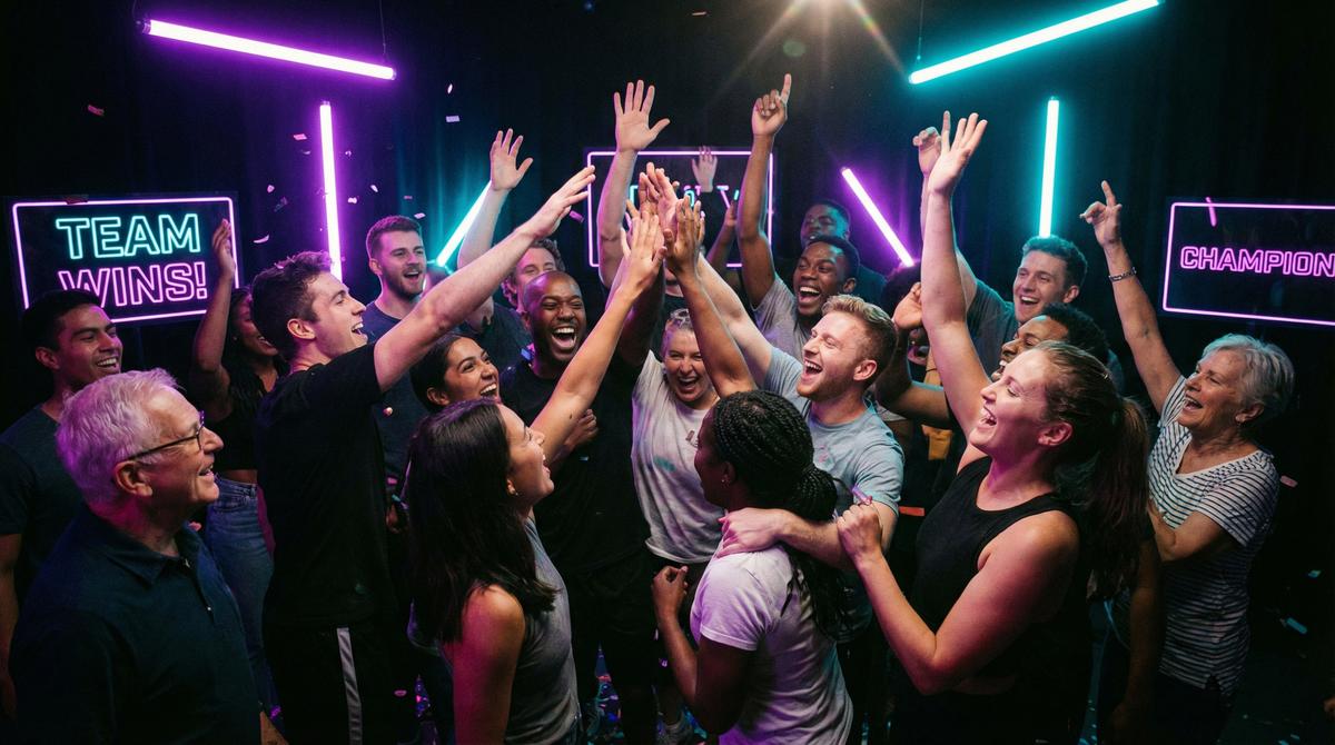 Große Gruppe feiert